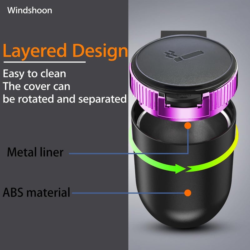 Windshoon Smokeless Car Ashtray with Lid - Stainless Steel Inner Container Windproof Ashtray, Portable LED Blue Light Auto Accessories for Travel, Detachable Mini Trash Can (Purple 1-Pack) - Image 3